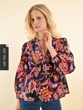 Molly Bracken Black Floral Embroidered Peasant Tunic